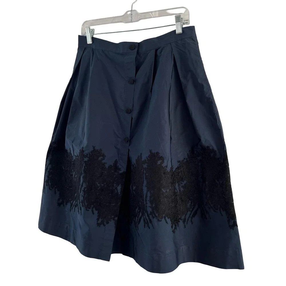 Sara Roka Skirt Womens 42 Navy Black‎ Enny Embroidered Midi Made Italy Pockets